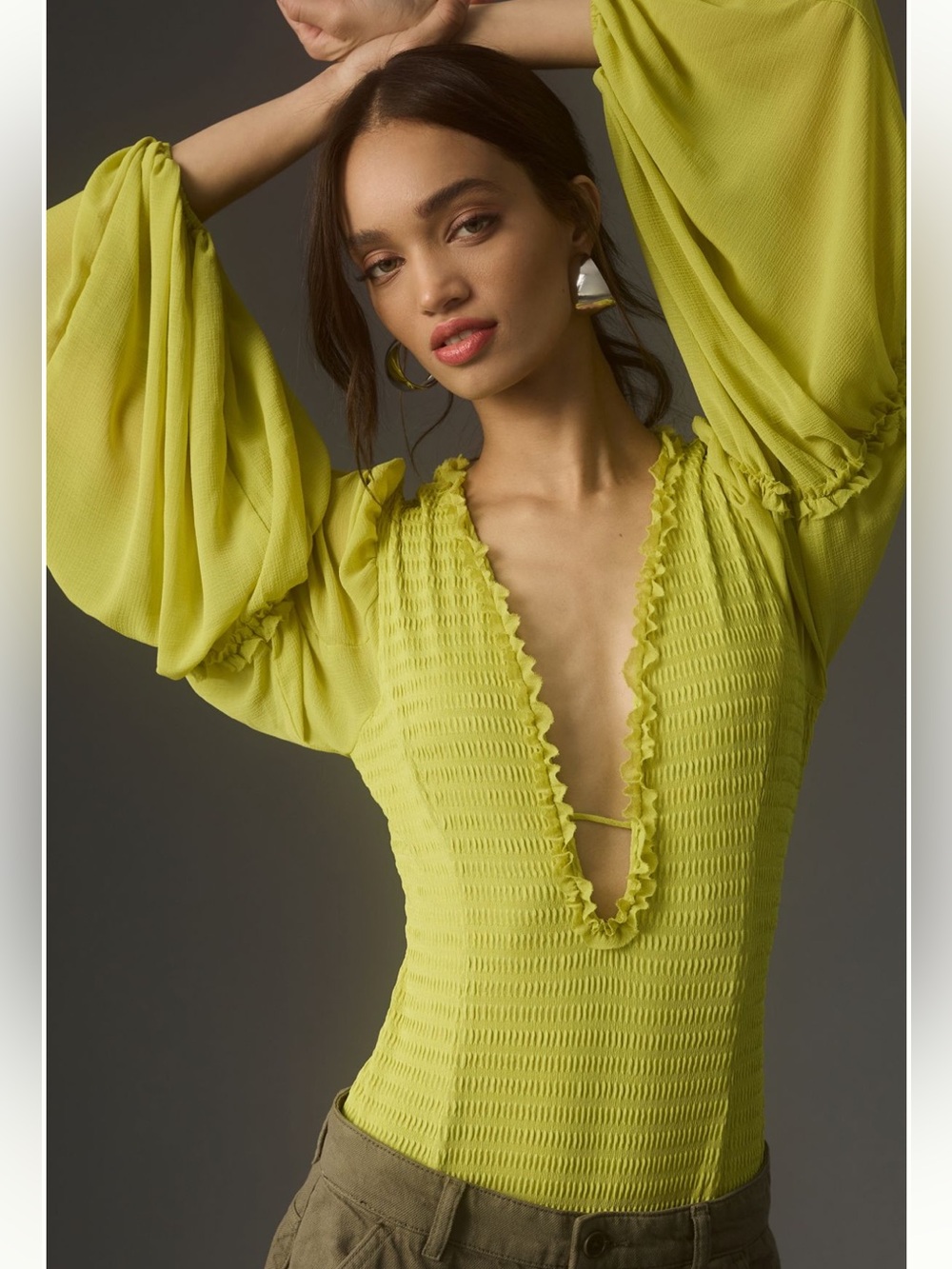 Anthropologie Deep V Puff-Sleeve Bodysuit